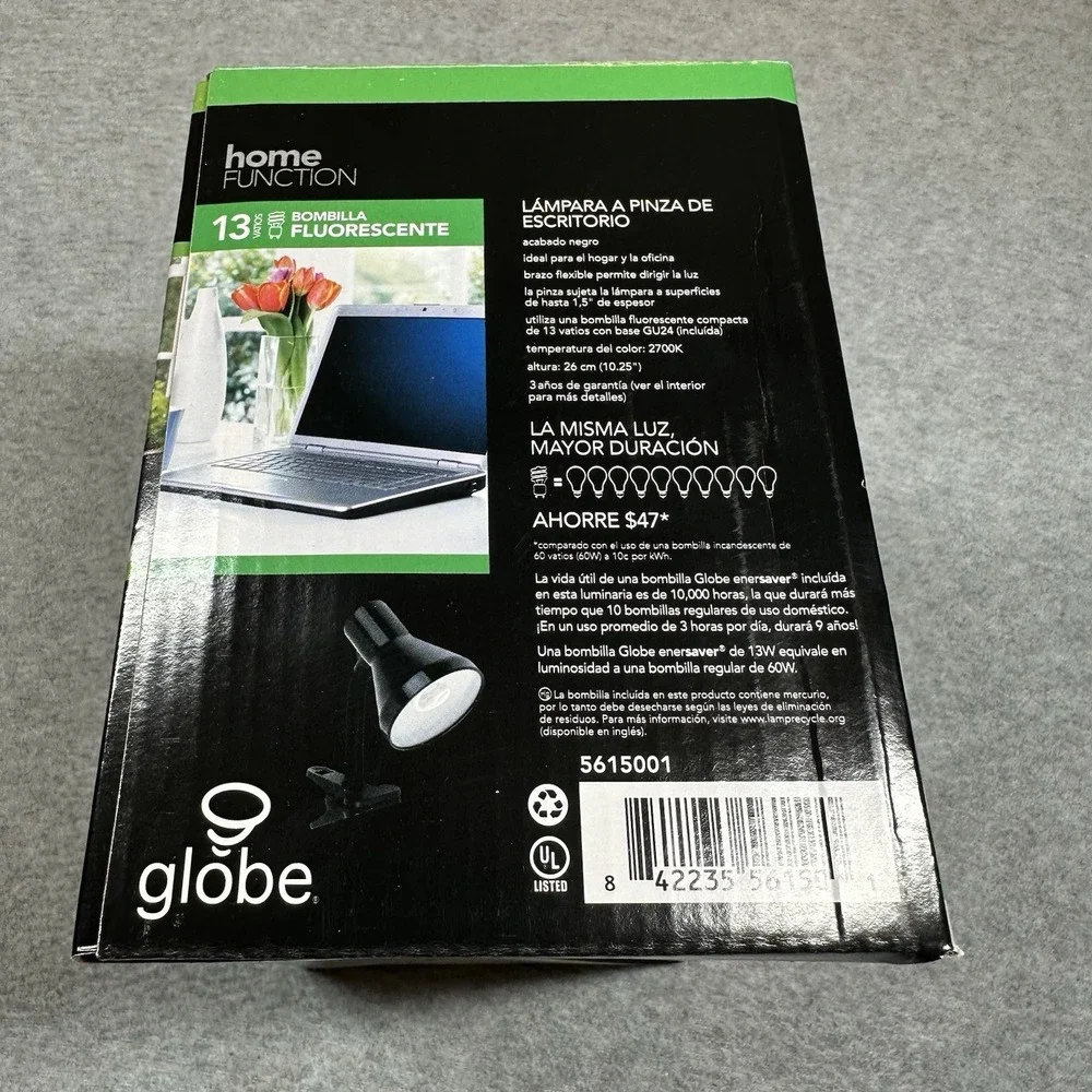Globe Home Function‎ Black Classic Clip Desk Lamp W/ CFL Bulb Back To School